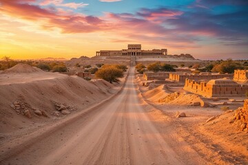Desert Road to Ancient City Civilization at Stunning Sunset © Michael