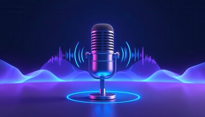 Condenser microphone with sound waves and blue glow