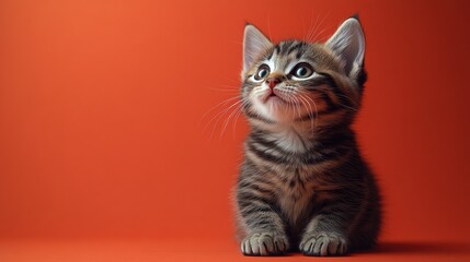 Obraz premium Curious Kitten on Orange Background: A adorable tabby kitten with big, inquisitive eyes sits on a vibrant orange background, looking up with a curious expression.
