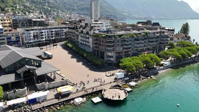 Drone footage of Place du Marche, Montreux city, Switzerland