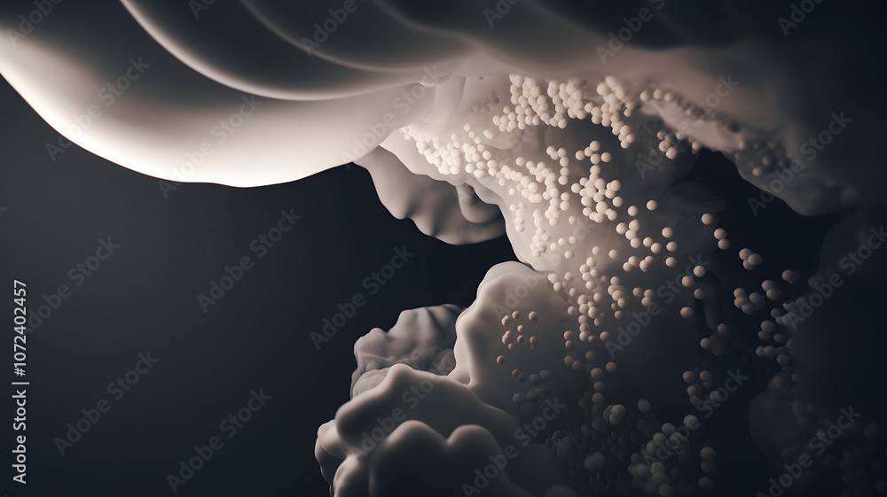 Poster exploring intricate white and grey abstract shapes forming clusters against a dark background, highl
