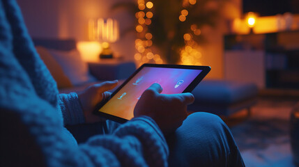 Man using a digital tablet to adjust smart lighting in a cozy living room.