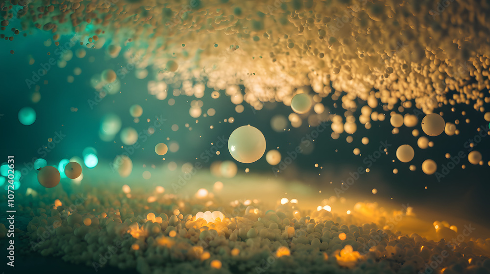 Poster floating spheres illuminate a dark underwater environment with soft colors and floating particles in