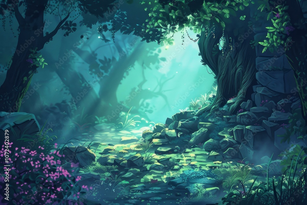 Poster magical forest path leads to a mysterious glowing light, creating a captivating and enchanting atmos