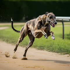 A greyhound dog racing on a track.