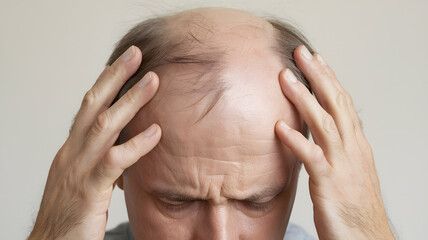 Fototapeta premium A middle-aged man shows signs of stress and concern while holding his head with thinning hair against a plain background