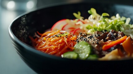 Vegan diet salad meal idea Korean Asian style vegetables carrots cucumber beeroot, sprouts sesame seeds, modern plate, healthy food, vegetarian alternative
