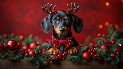 Dashing Dachshund: A charming dachshund puppy with reindeer antlers and a bow tie, nestled amidst festive Christmas decor, embodies the spirit of the season with adorable charm.