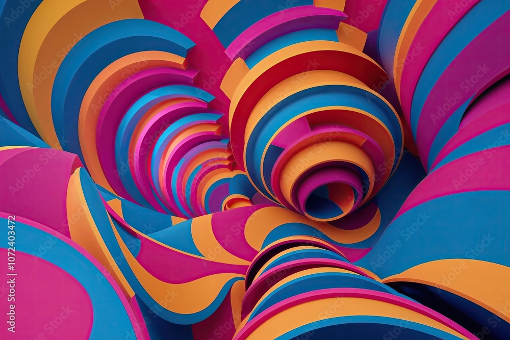 Poster curved geometric patterns and three-dimensional design on a vibrant backdrop