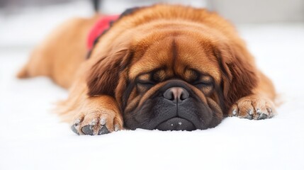 Relaxed mastiff dog sleeping peacefully on snowy ground