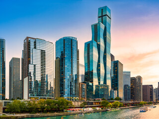 Chicago, Illinois skyline at sunset. Chicago is the most populous city in the U.S. state of Illinois and in the Midwestern United States.