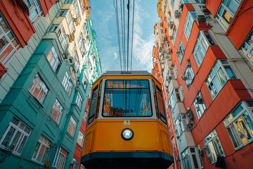 Obraz premium Tram travels through colorful buildings in vibrant urban landscape