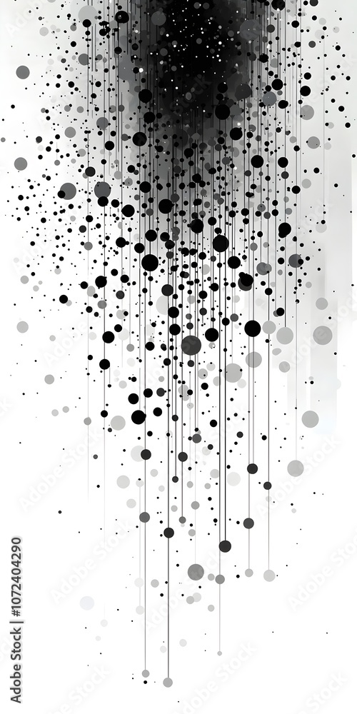 Poster an abstract design featuring a cascade of black and gray circles on a white background, creating a s