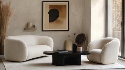 Modern living room design featuring stylish furniture and minimalistic decor.