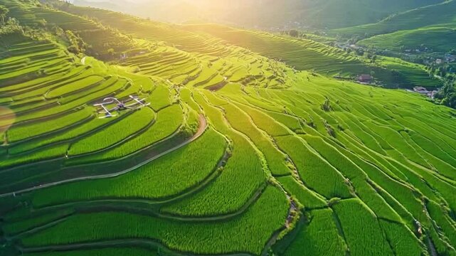 An aerial view of a rice plantation during the harvest season, showing patterns of cut and uncut fields, illustrating the scale of rice production.