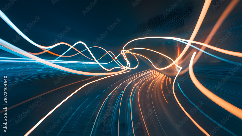 Poster dynamic light trails swirl in vibrant colors against a dark backdrop at night, creating a mesmerizin
