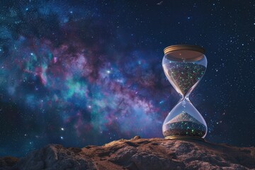 Cosmic Passage: Hourglass Filled with Stars Against a Starry Night Sky