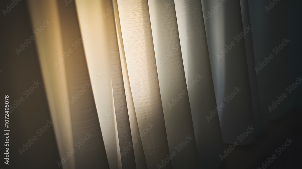 Poster soft light filtering through sheer curtains in a cozy room creating warm shadows and serene ambiance