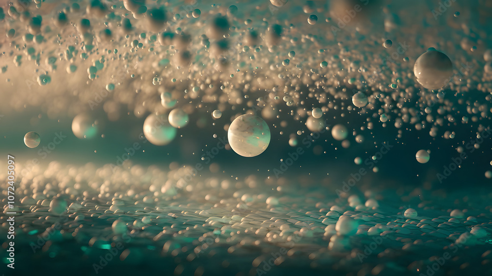 Poster bubbles suspended in liquid create an abstract underwater effect during a close-up exploration at du
