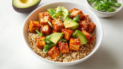 Quinoa Bowl with Vegetables and Tofu: Top View Photography Featuring Avocado and Sesame Seeds in a Clean, Studio-lit Composition with Negative Space.