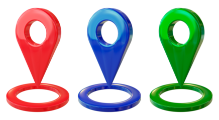 Colorful 3d map location markers in red blue and green for navigation, png isolated on transparent.