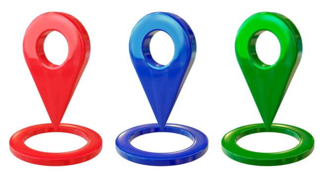 Colorful 3d map location markers in red blue and green for navigation, png isolated on transparent. 