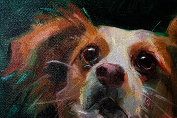 Primo piano artistico di un dipinto a olio raffigurante il muso di un cane con grandi occhi scuri espressivi e pennellate dinamiche su sfondo scuro © Ilarialapreziosa