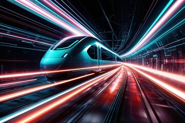 Fototapeta premium Radiant Pulsating Cyber Train: Vivid Light Streaks with Motion and Velocity in a Futuristic Dreamscape