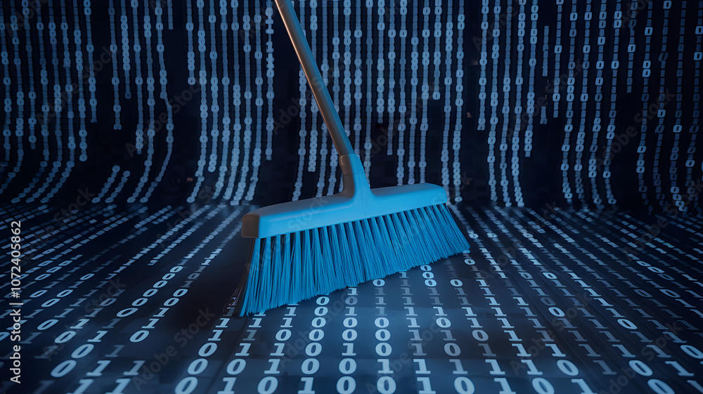 Poster a broom sweeping away binary code against a dark backdrop, symbolizing data cleansing and digital tr