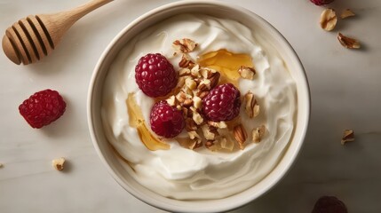 Bowl of yogurt topped with honey and berries, complemented by a wooden spoon and nuts, presented in a clean, commercial composition with natural lighting and negative space.