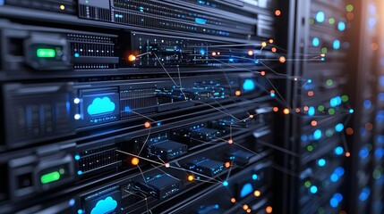 Naklejka premium Network Engineer Cloud Server VM Cloud VM diagram with network and storage connections, no face, no body, flat design illustration