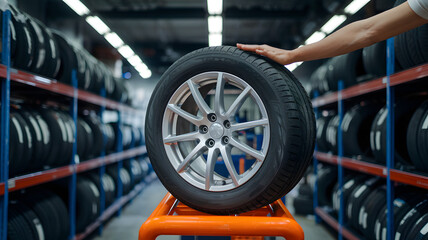 Fototapeta premium A person selecting a tire from a well-organized tire shop showcasing various types of tires and wheels in an indoor setting