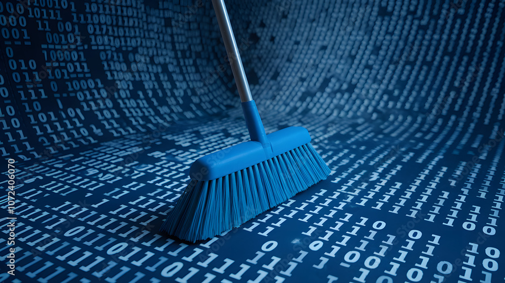 Poster a blue broom sweeping away binary code on a textured dark surface, illustrating the concept of digit