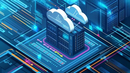 Fototapeta premium Network Engineer Cloud Server VM Simplified cloud server hosting VM with arrows showing data flow, no face, no body, flat design illustration