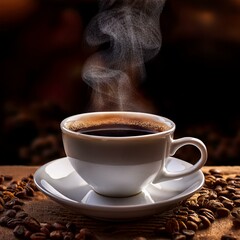 Fototapeta premium A close-up of a steaming cup of black coffee on top; high quality photo