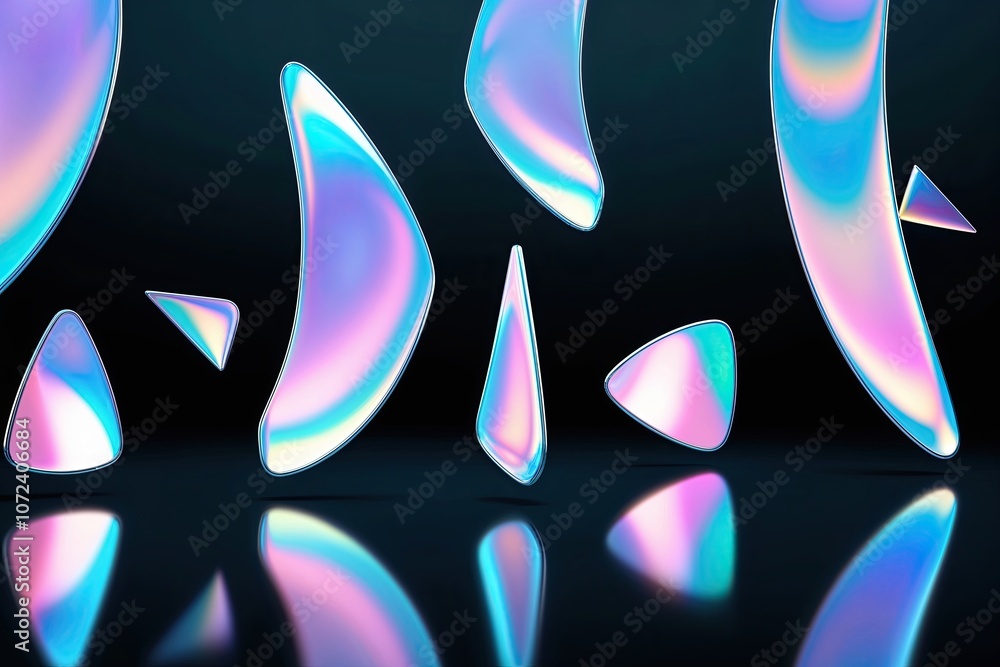 Poster abstract iridescent shapes in a dark background with refraction and futuristic design