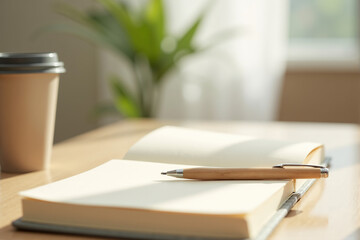 Desktop with organic cotton notebook and bamboo pen in a bright room