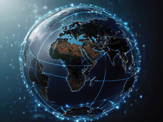 Obraz premium Digital world globe, concept of global network and connectivity on Earth, high speed data transfer and cyber technology, information exchange and international telecommunication