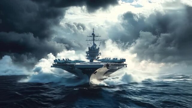 Us navy aircraft carrier sails gracefully with fighter jets on its deck, showcasing military power and defense at sea.