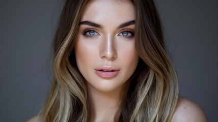 Fototapeta premium Natural portrait of a young woman with long hair and striking blue eyes, taken indoors in soft lighting
