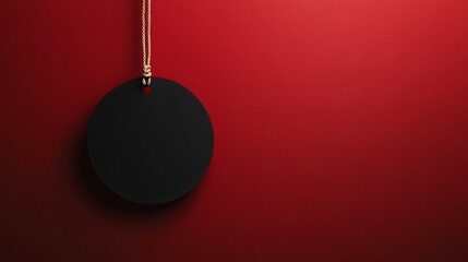 hanging black blank tag against red background with free space