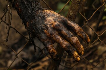 Muddy hand gripping metal fence in nature
