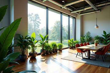 Fototapeta premium Open space office with large windows and greenery enhancing eco vibes