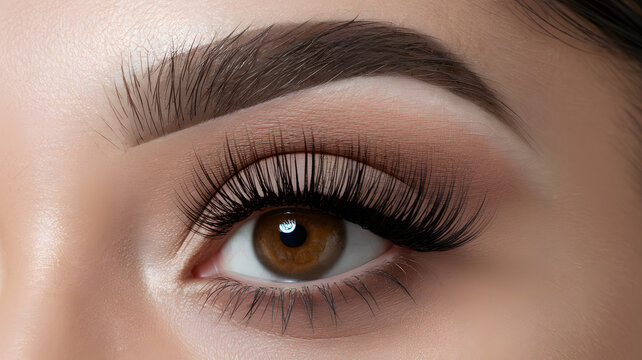 Close-up view of a perfectly groomed eye with long eyelashes and well-defined eyebrows showcasing makeup artistry - Powered by Adobe