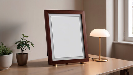 Mockup,elegant empty photo frame displayed on a wooden table with a lamp and a plant
