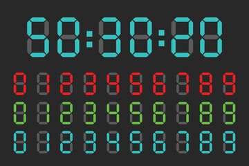electronic digits numbers font from a clock and a countdown timer. Watch and calculator display symbols. Led digit set.
