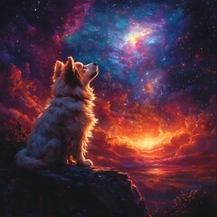 Fototapeta premium Colorful Stars Captivating Fluffy Puppy Enchanting Space Wallpaper