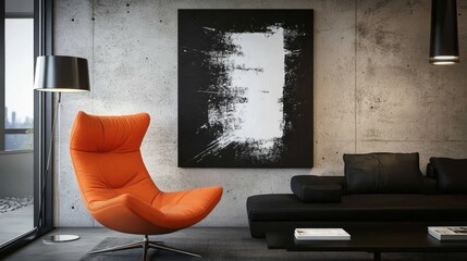 Modern living room featuring an orange chair and abstract wall art in a stylish setting.