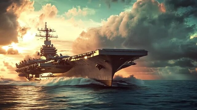 Us navy aircraft carrier sails gracefully with fighter jets on its deck, showcasing military power and defense at sea.