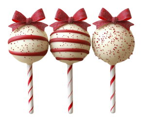PNG cut out isolated background. A set of candy cane-themed cake pops, decorated with red and white stripes, glittery red bows, and festive red sprinkles. 